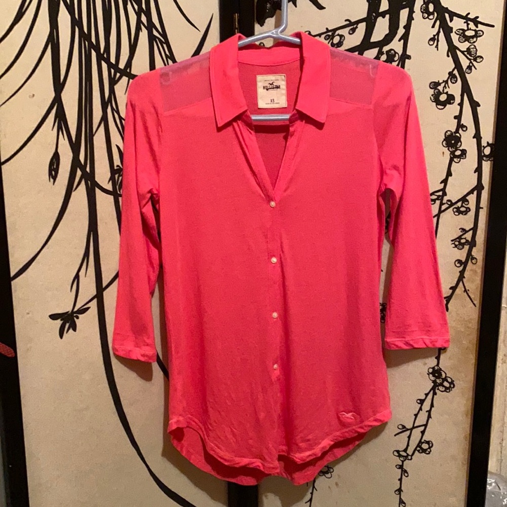Hollister Women’s Hot Pink/Tangerine Blouse W/Mesh Top Shoulders Details